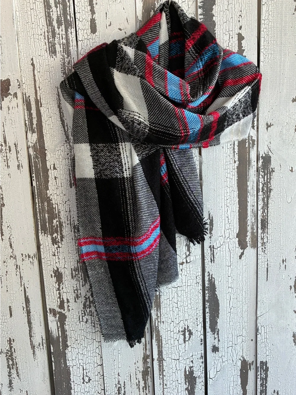 NWT ZARA Oversized Plaid Blanket Scarf Wrap Black Gray Red Tartan Scarf/Shawl